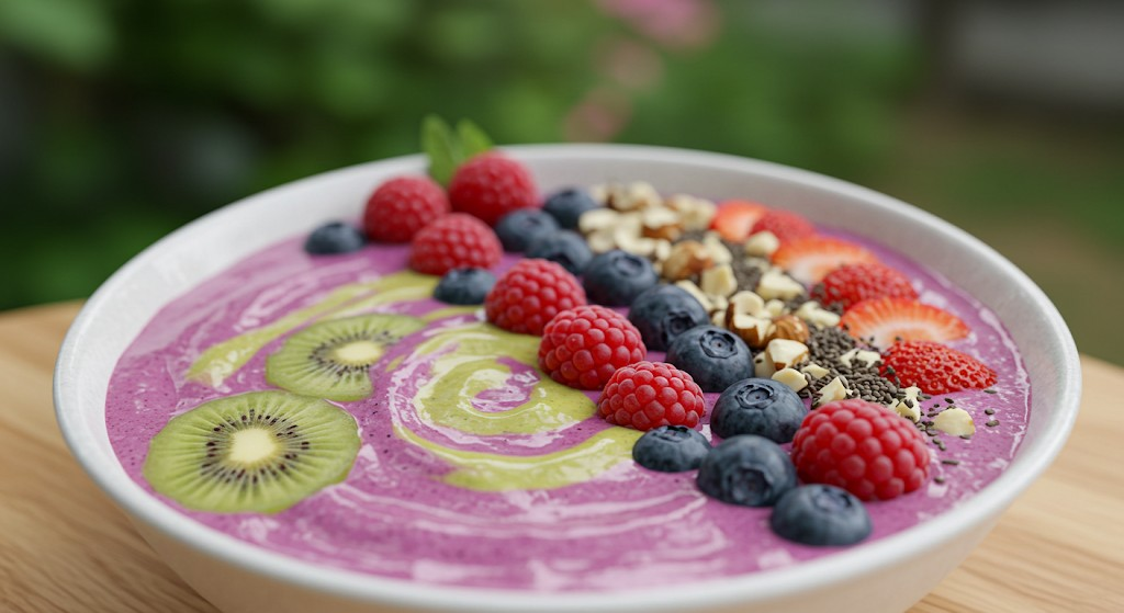 Nutrients: A vibrant smoothie bowl topped with berries and nuts, highlighting antioxidant vitamins." Alt text: "A smoothie bowl filled with a vibrant blend of fruits, topped with fresh berries and nuts, emphasizing antioxidant vitamins."