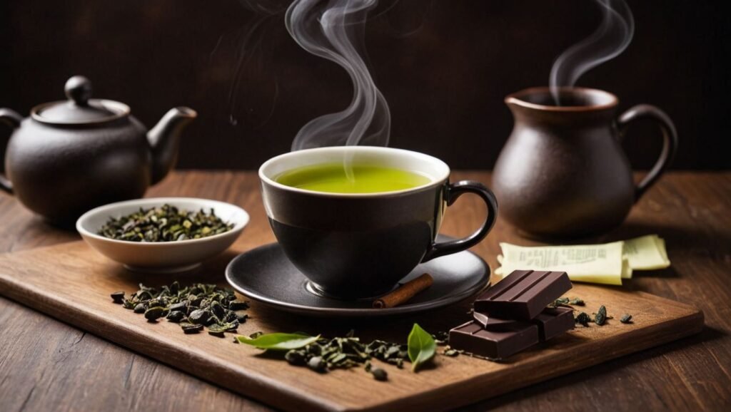 "A cup of green tea with a piece of dark chocolate on the side, sources of polyphenols." Alt text: "A steaming cup of green tea accompanied by a piece of dark chocolate, both rich sources of polyphenols