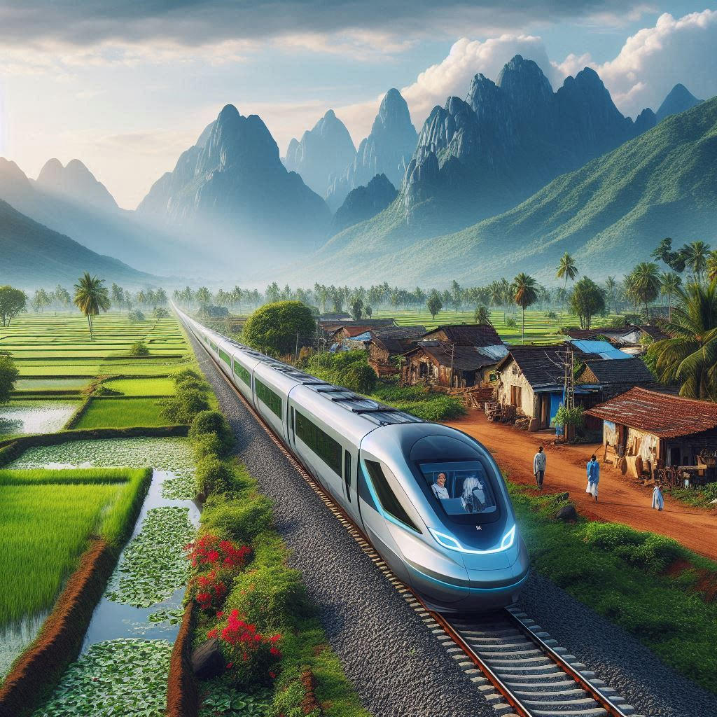 India Bets Big: "Artistic rendering of a hydrogen-powered train in India, set against a bright sunrise, highlighting innovation and a green energy future."