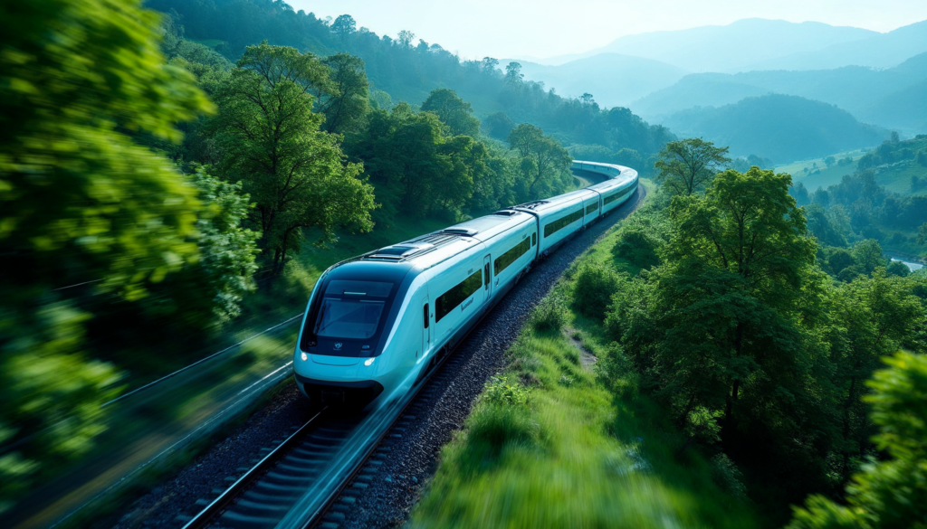 India Bets Big: "A hydrogen-powered train gliding through a scenic green countryside, symbolizing clean and sustainable transportation in India."