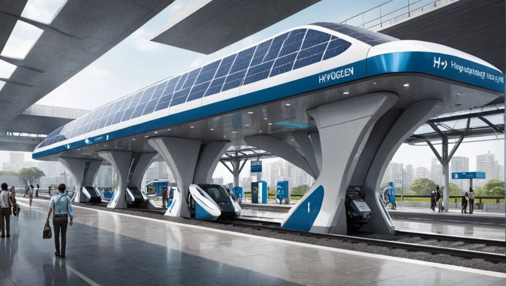 India Bets Big: "Futuristic train station featuring hydrogen refueling facilities and solar panels, highlighting technological advancements in India's sustainable transportation."