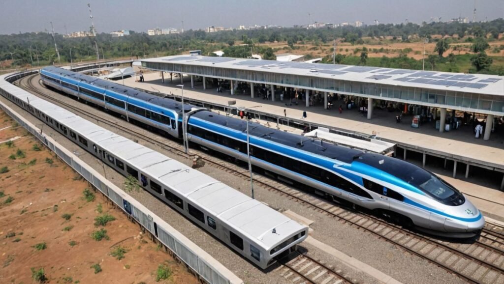 "Futuristic train station featuring hydrogen refueling facilities and solar panels, highlighting technological advancements in India's sustainable transportation."