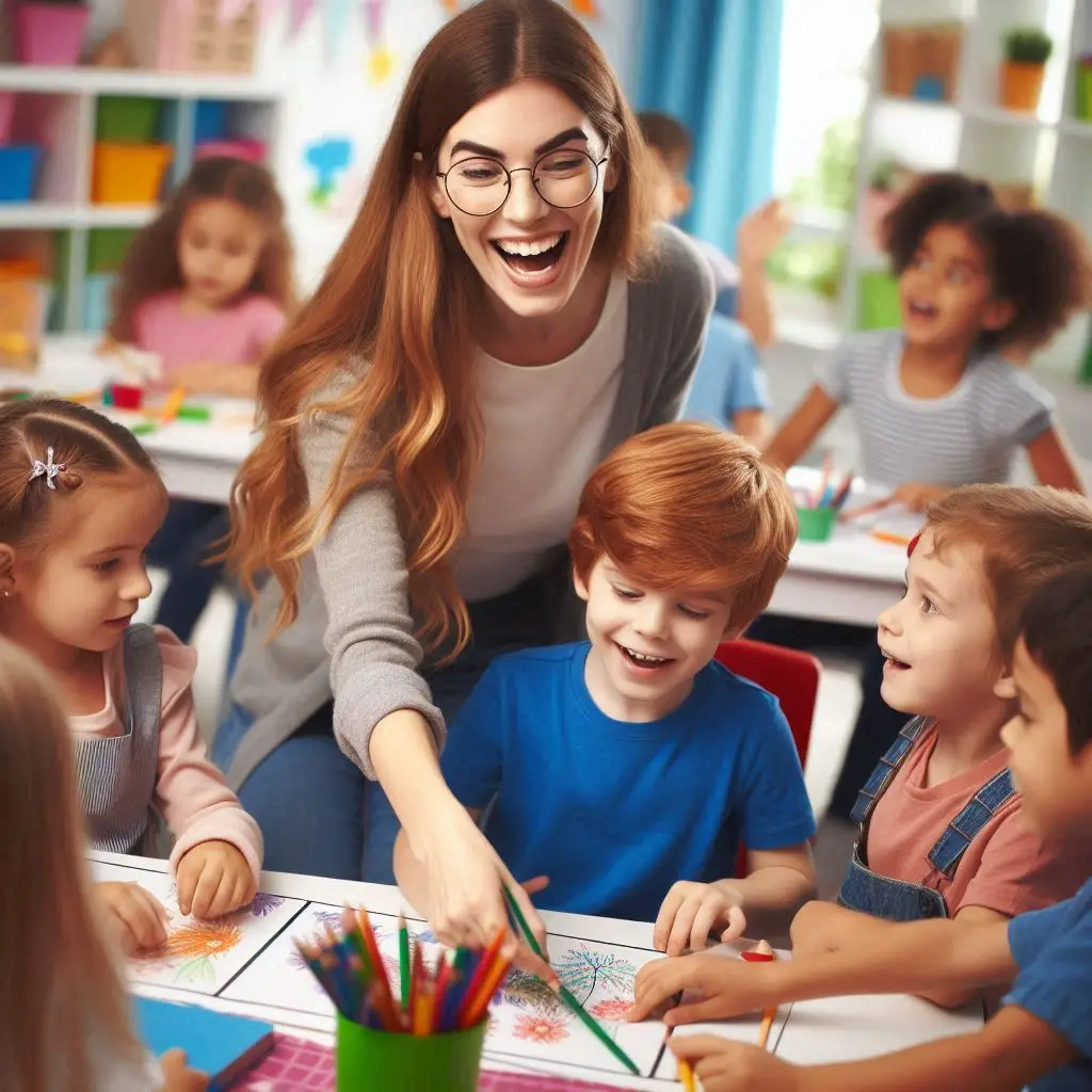 Unlocking Heroism: A teacher engaging with special needs children in a vibrant learning environment, fostering inclusivity