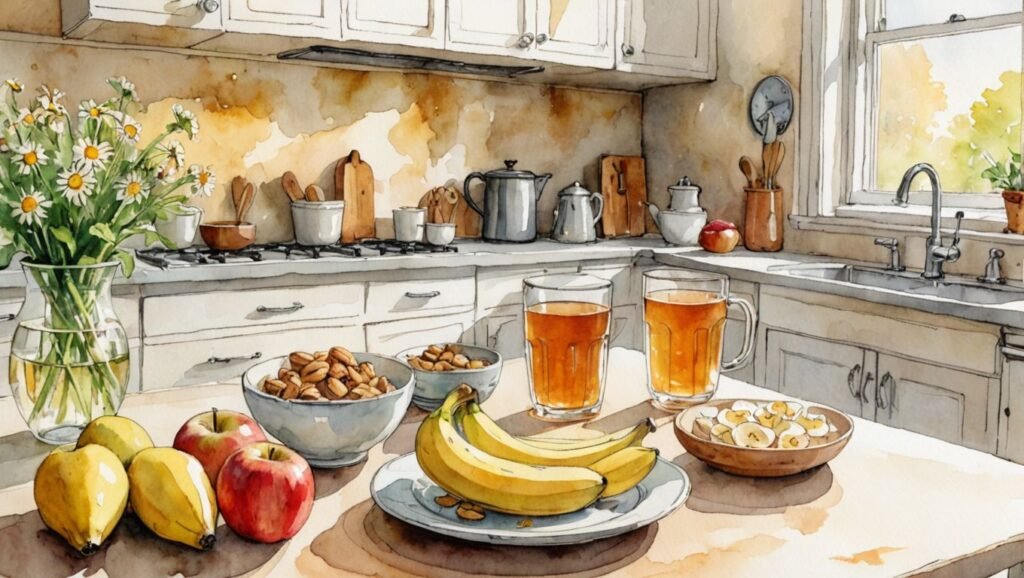 a painting of a kitchen with food and drinks