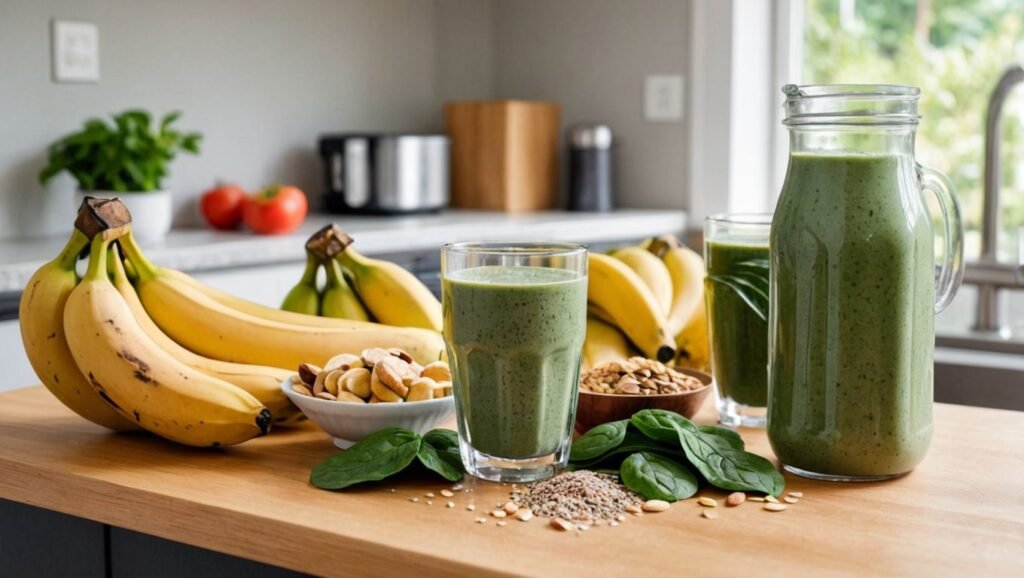 "A kitchen counter with ingredients for a gut-healing smoothie, including spinach, banana, almond milk, and chia seeds."
Alt Text: "Ingredients for a gut-healing smoothie to support IBS management."