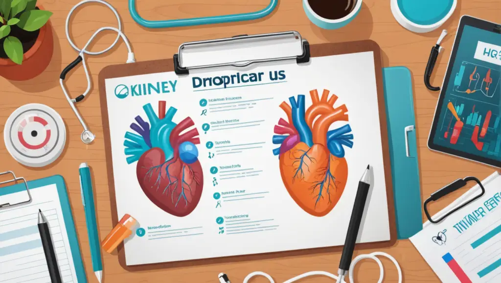 Graphic art showing the importance of checkups with kidneys and a medical clipboard (alt text: "Illustration emphasizing kidney health checkups")