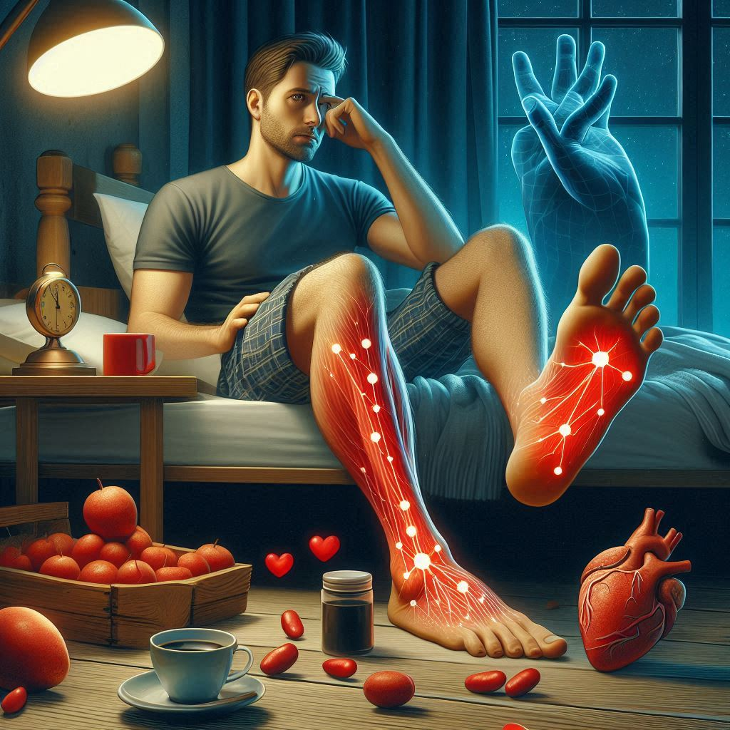 Leg Symptoms : a man sitting on a bed with a heart and red dots on his leg