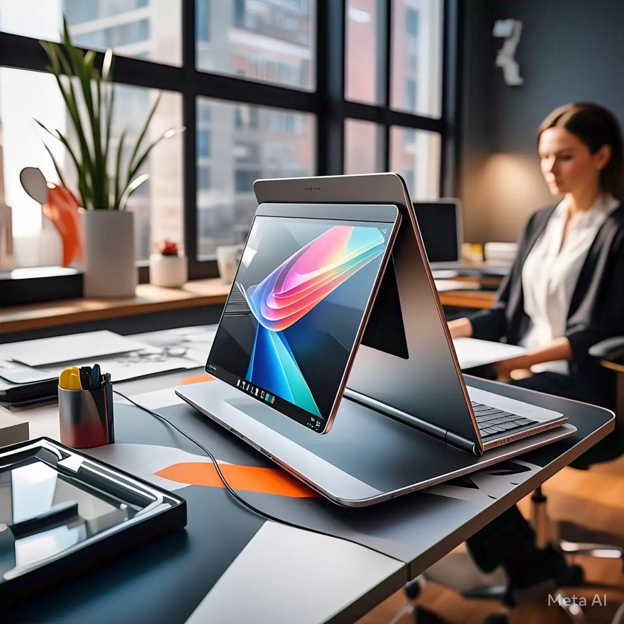 "A sleek dual-screen laptop on a vibrant desk, showcasing its ultra-thin and innovative design, ideal for modern workspaces."