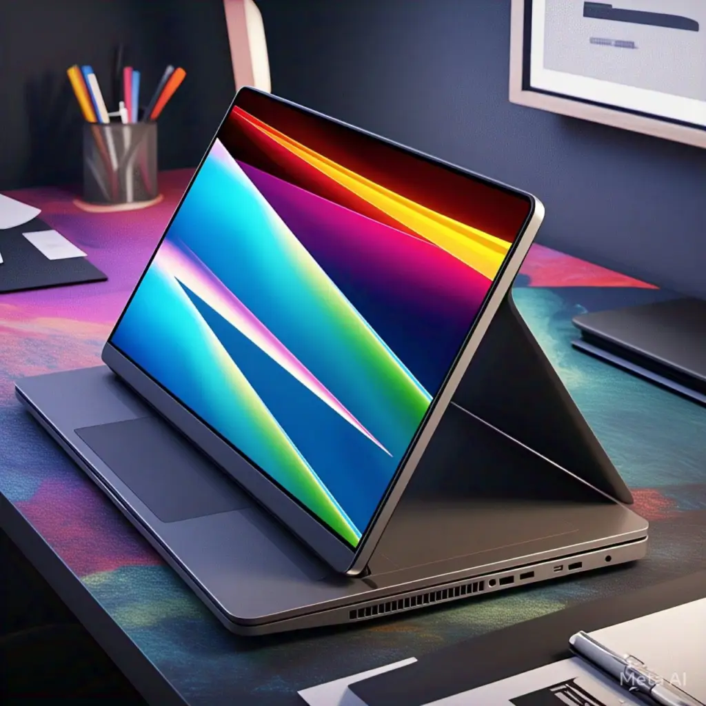 "A sleek dual-screen laptop on a vibrant desk, showcasing its ultra-thin and innovative design, ideal for modern workspaces."