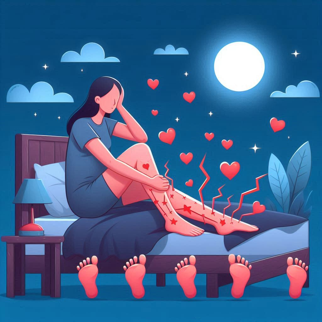 Leg Symptoms: Illustration depicting leg symptoms of high cholesterol, highlighting nighttime issues and warning signs related to leg symptoms.