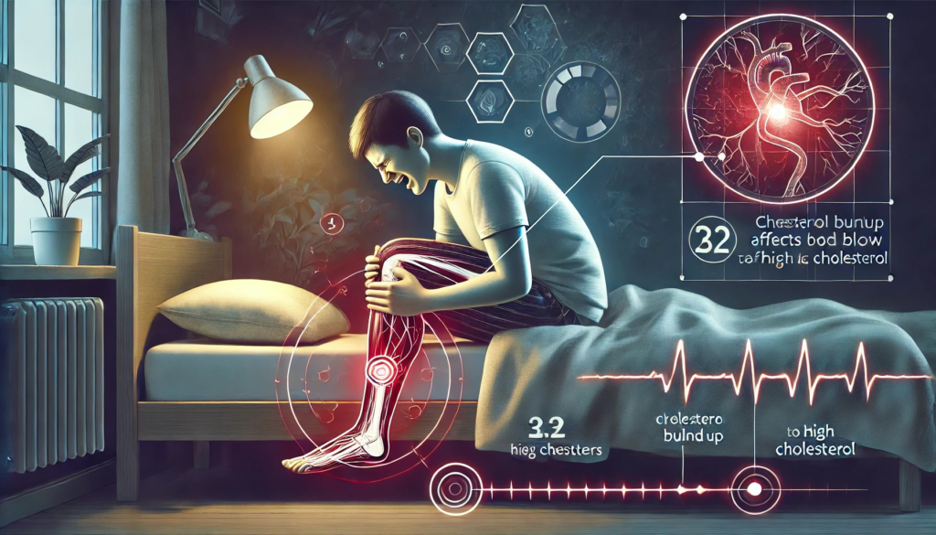 Leg Symptoms: Nighttime Leg Cramps: "Illustration showing a person in bed experiencing nighttime leg cramps, with visual elements highlighting the muscles affected and the discomfort caused by high cholesterol."