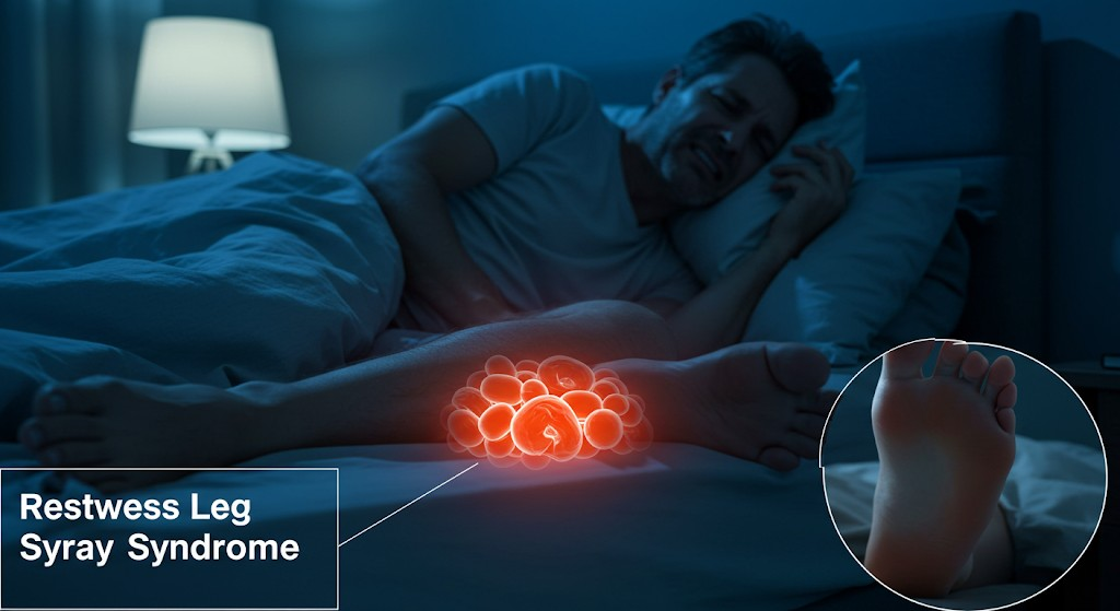 Restless Leg Syndrome (RLS): "Image depicting a person with restless leg syndrome at night, showing the restless and uncomfortable leg movements associated with high cholesterol."