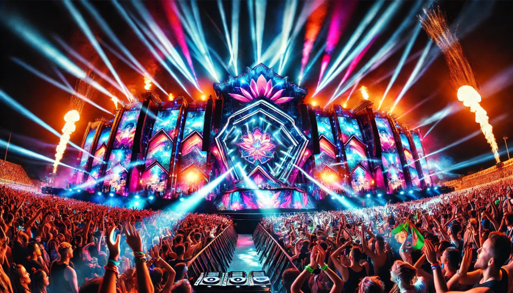 "Music festivals featuring vibrant night scenes with neon lights and large crowds."