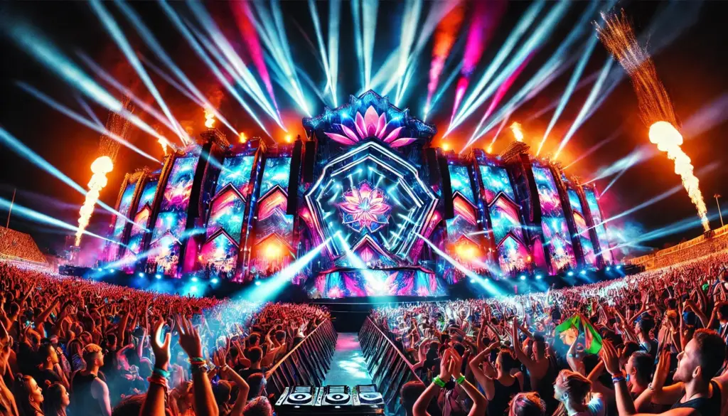 "Music festivals featuring vibrant night scenes with neon lights and large crowds."