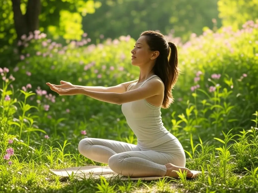 PCOD relief visual of a woman practicing yoga outdoors, surrounded by lush greenery and soft sunlight, symbolizing balance and wellness