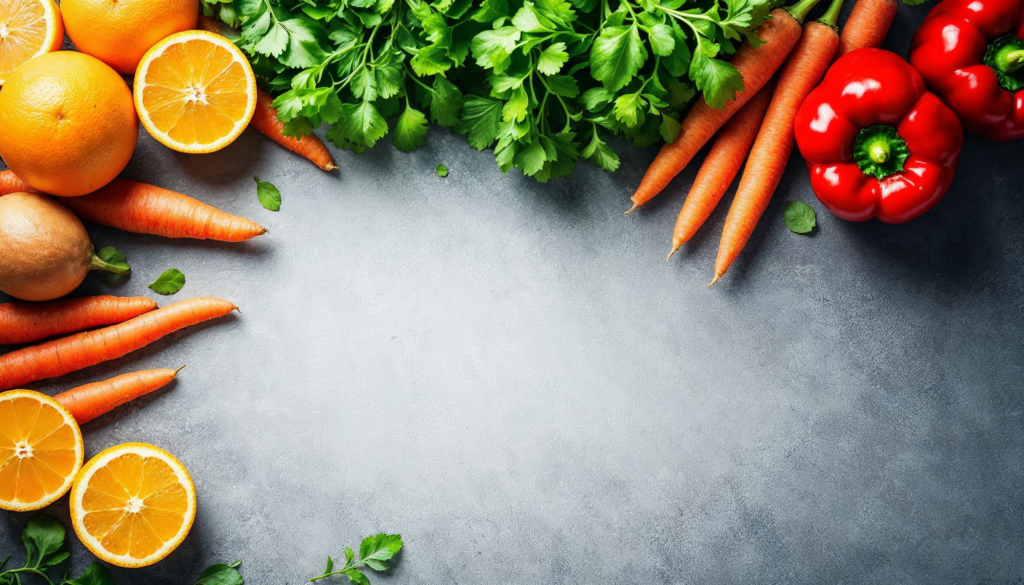 Powerful Nutrients: a group of vegetables and fruits on a gray surface