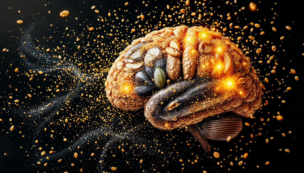 Powerful Nutrients: A creative depiction of a brain made from omega-3-rich foods, promoting cognitive health.