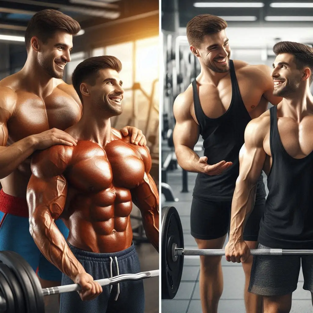 Illustration showcasing the contrast between Bodybuilding and Powerlifting. Features two athletes, one posing to emphasize muscle symmetry and definition for bodybuilding, and the other demonstrating a heavy lifting technique for powerlifting. The backdrop highlights a gym environment with weights and benches."