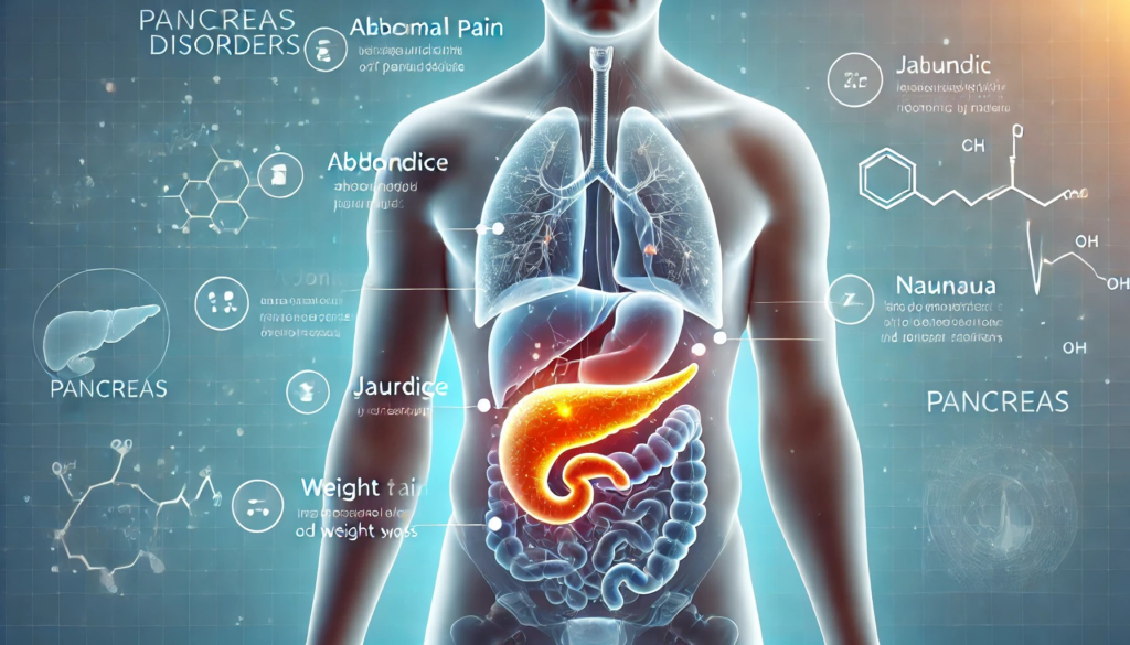 A detailed medical illustration of the human pancreas, highlighting inflammation and common disorder-affected areas.

Alt Text: Medical illustration showing pancreas disorders and affected areas.