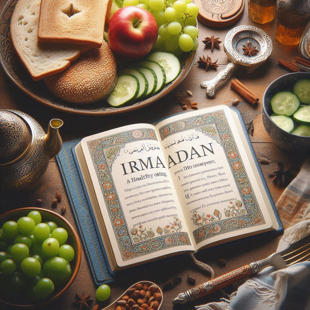 Ramadan: "A serene setting with a beautifully laid out table featuring healthy Ramadan dishes. The table includes a variety of nutritious foods such as fresh fruits, vibrant salads, whole grains, and protein-rich meals. A Quranic quote is elegantly displayed in the background, emphasizing the spiritual and health significance of Ramadan. The overall ambiance is warm and inviting, perfect for a happy and fulfilling celebration during the holy fasting month."