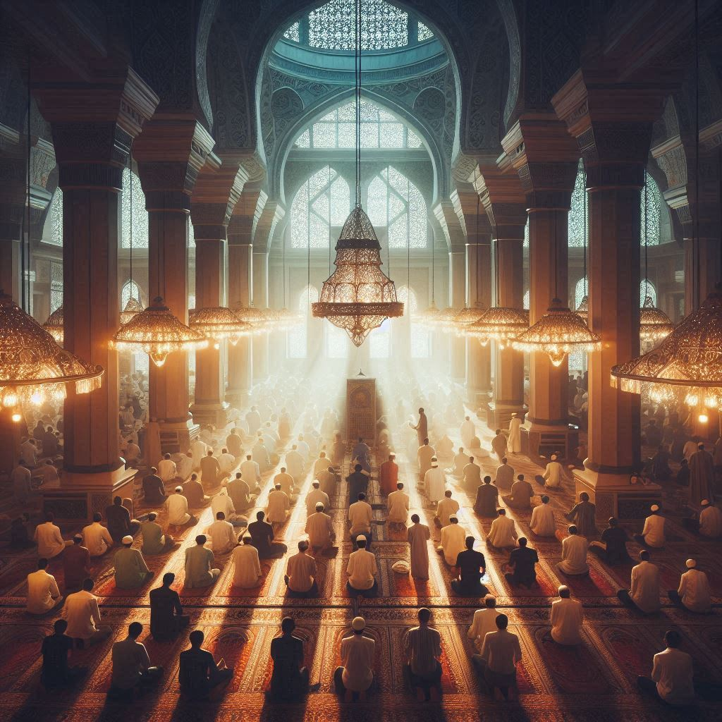 "A cinematic view of people worshiping in a mosque, with soft, diffused lighting creating an ethereal atmosphere. The congregation is engaged in prayer, with rows of worshipers standing, bowing, and sitting in devotion. The grand architecture of the mosque, including intricate patterns and towering arches, adds to the majestic and serene ambiance of the scene."