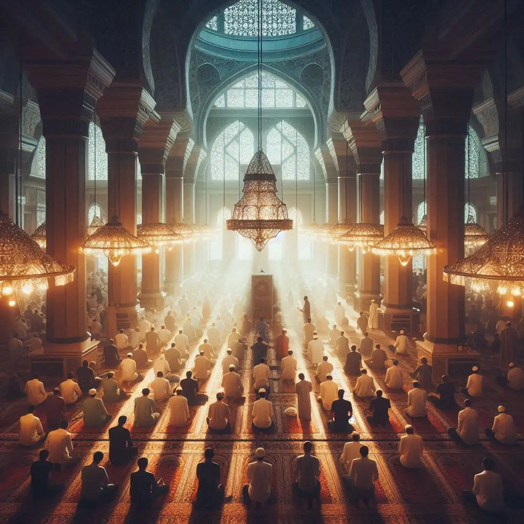 "A cinematic view of people worshiping in a mosque, with soft, diffused lighting creating an ethereal atmosphere. The congregation is engaged in prayer, with rows of worshipers standing, bowing, and sitting in devotion. The grand architecture of the mosque, including intricate patterns and towering arches, adds to the majestic and serene ambiance of the scene."