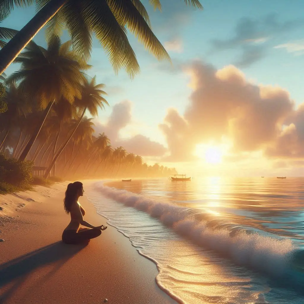 "Relieve stress with a serene illustration of a person meditating in a calming natural environment, surrounded by soothing elements."