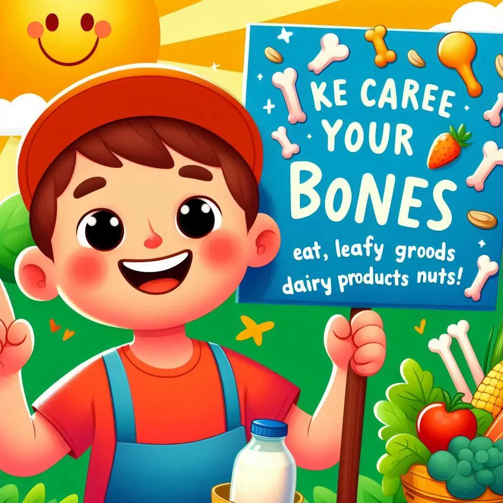 a cartoon boy holding a sign save your bones