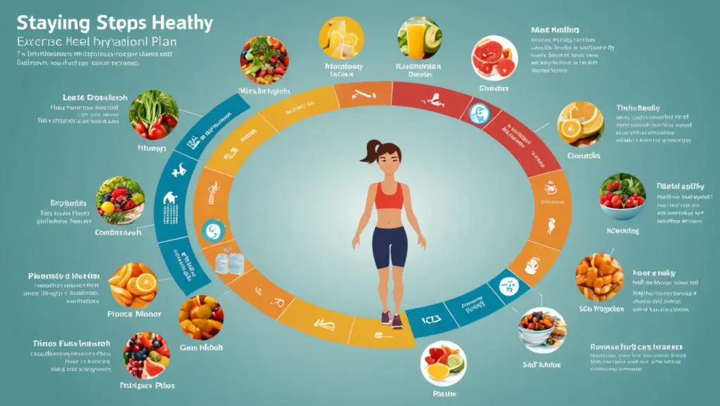 "Ultimate fitness plan infographic: 10 steps to lifelong health including exercise, hydration, and balanced nutrition."