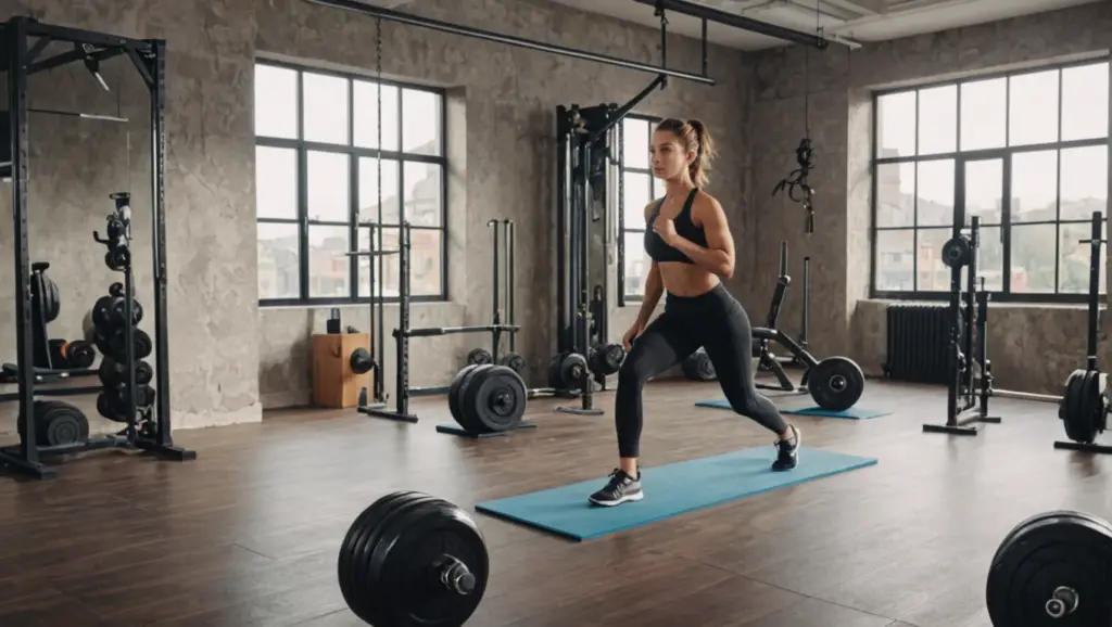 "Strengthen your core and build muscle: Individuals performing planks, squats, and lunges in a modern fitness studio setup."