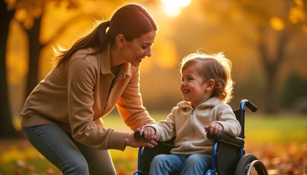 "Special needs parenting - A mother supporting her disabled child in outdoor play, portraying love and empowerment."