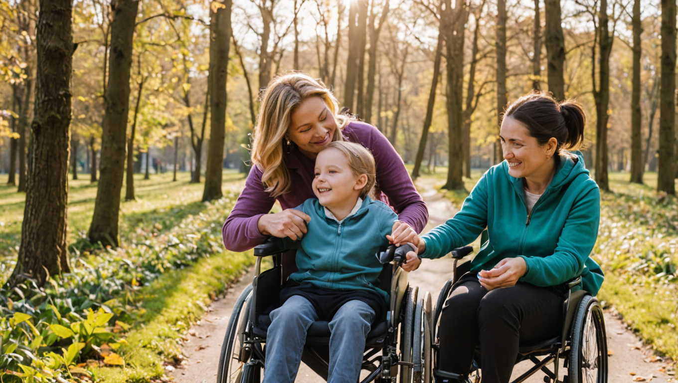 "Special needs parenting - A mother helping her disabled child in a wheelchair to enjoy outdoor activities, showing warmth and encouragement." Alt text: "Special needs parenting - A mother supporting her disabled child in outdoor play, portraying love and empowerment."