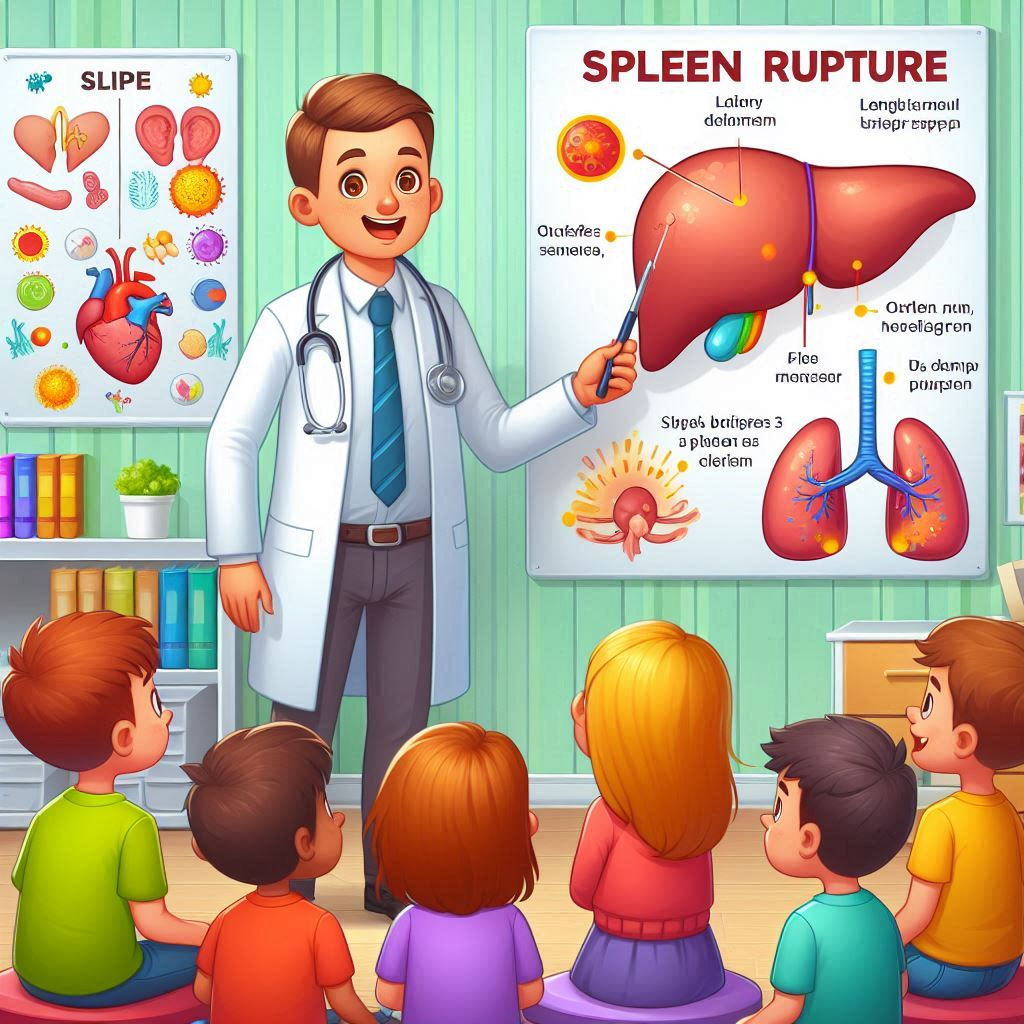 Sspleen Rupture: a cartoon of a doctor teaching a group of kids