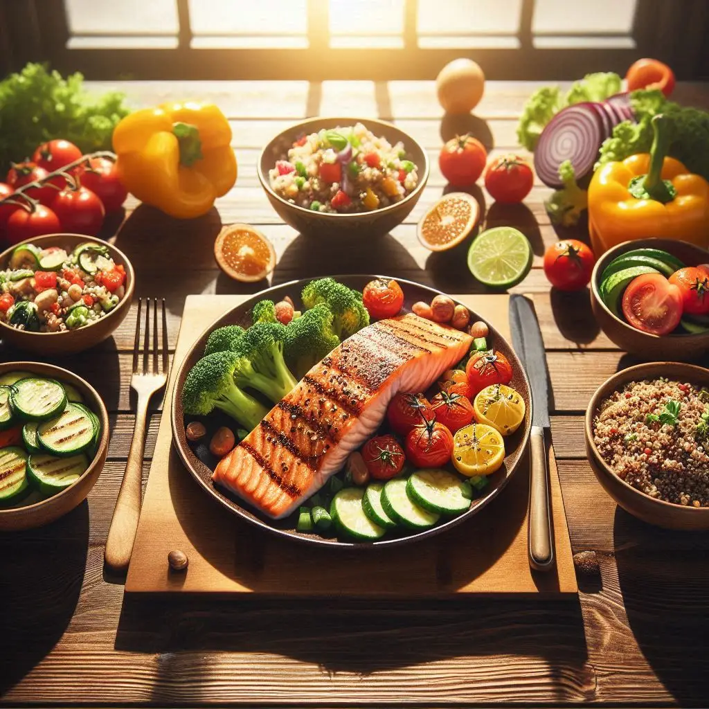 Tone Your Arms Naturally: A healthy meal featuring grilled salmon, quinoa, and colorful vegetables arranged beautifully on a wooden dining table, emphasizing the importance of nutrition for achieving toned arms