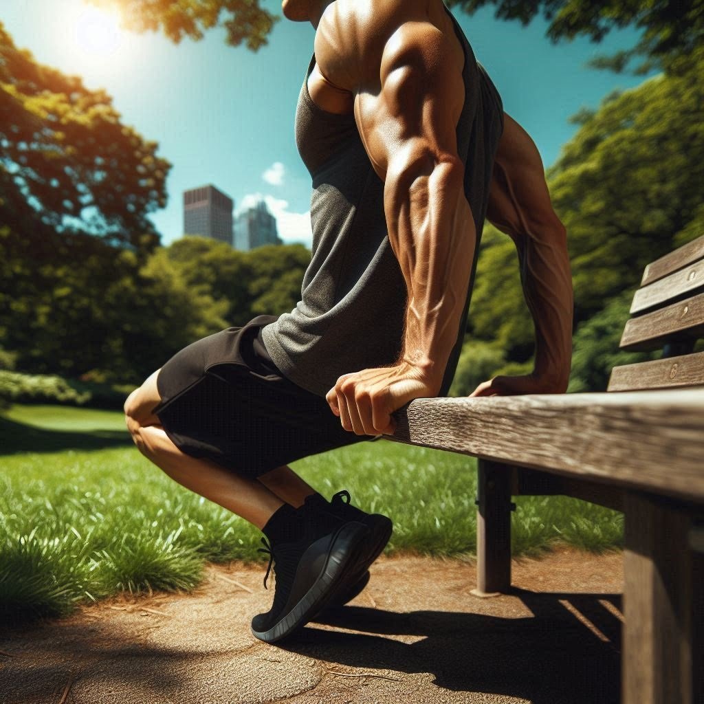 "Tone Your Arms Naturally: A person performing tricep dips outdoors on a park bench, surrounded by lush greenery and a clear blue sky.