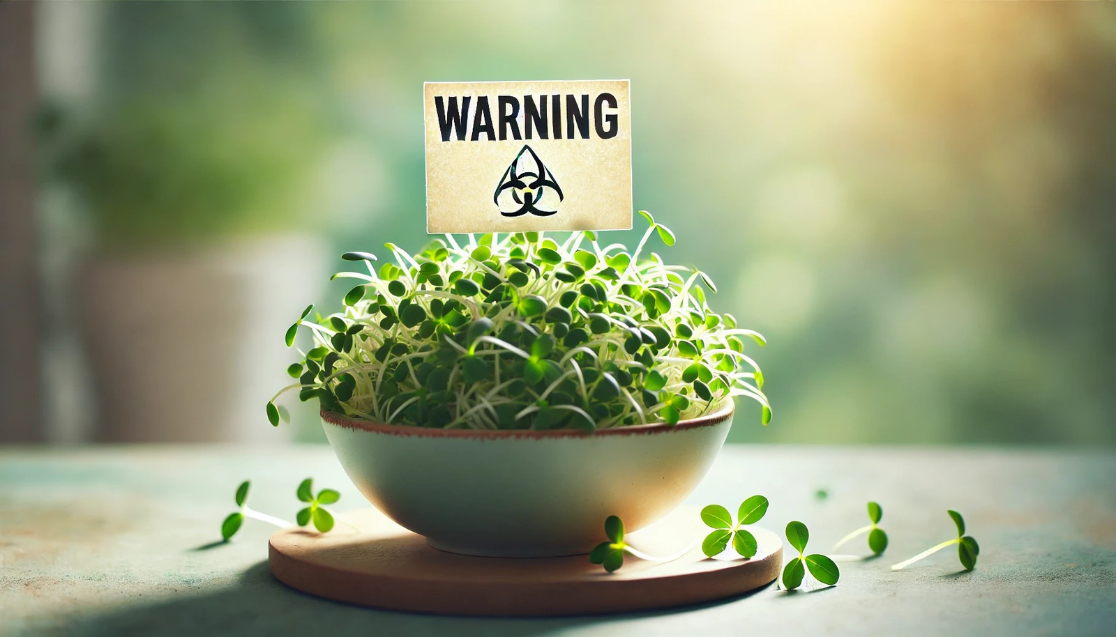 "Close-up of alfalfa sprouts with a warning sign, highlighting the risks of consuming them."