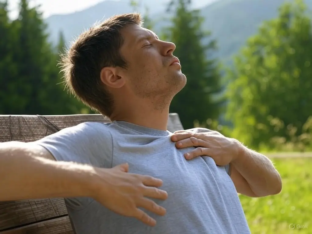 Acute bronchitis relief through deep breathing exercises in a peaceful outdoor environment.