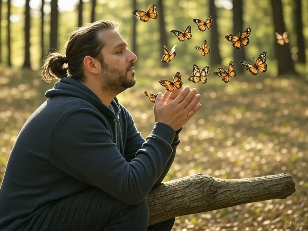 Acute bronchitis relief through deep breathing exercises in a peaceful outdoor environment.