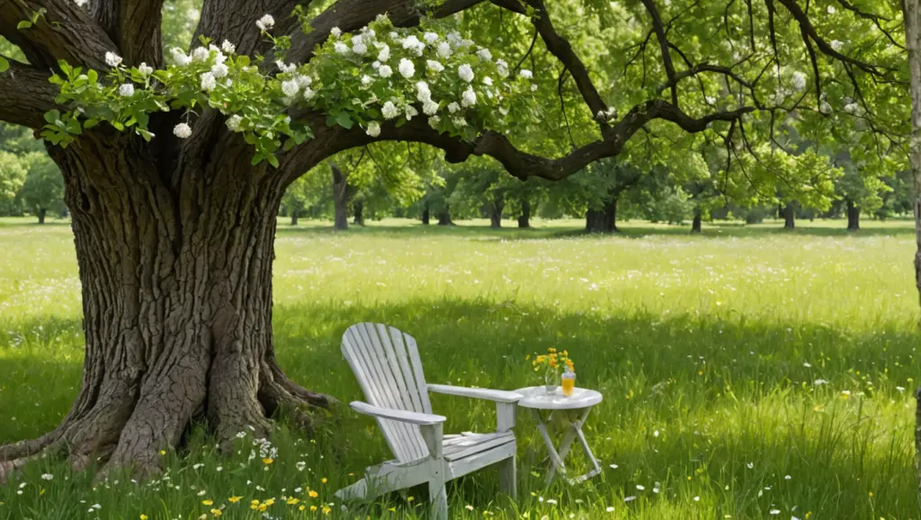 "Cool down naturally with a tranquil summer meadow scene featuring an individual enjoying a refreshing drink under a shady oak tree."