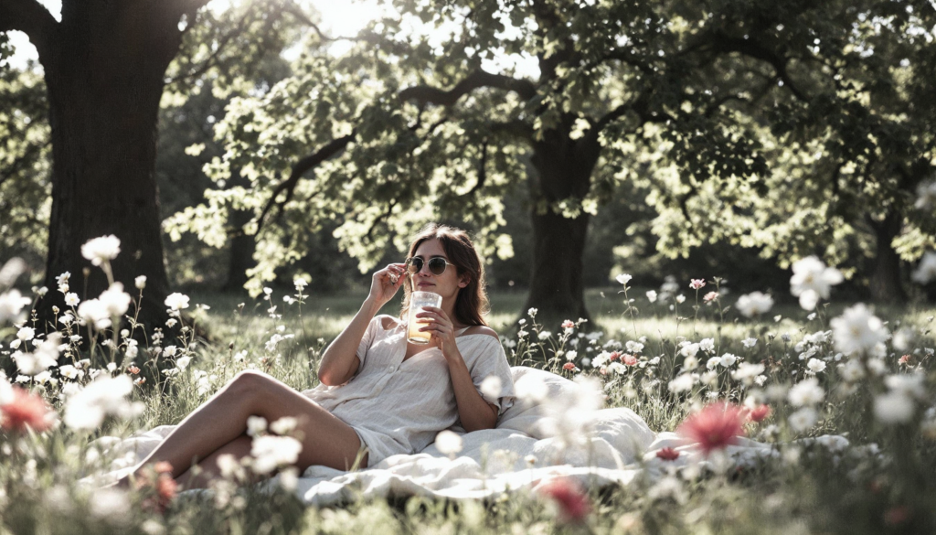 "Cool down naturally with a tranquil summer meadow scene featuring an individual enjoying a refreshing drink under a shady oak tree."