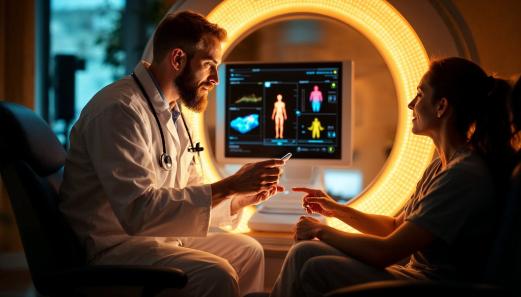 Cytotron therapy: "Medical professional explaining Cytotron Therapy to a patient, showcasing the non-invasive cancer treatment method."