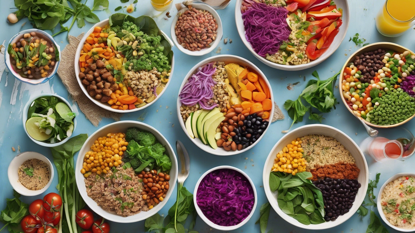 "Plant-based meals beautifully plated, featuring quinoa salad, roasted vegetables, chickpea curry, smoothie bowls, and avocado toast, arranged on a rustic wooden table with inviting lighting."