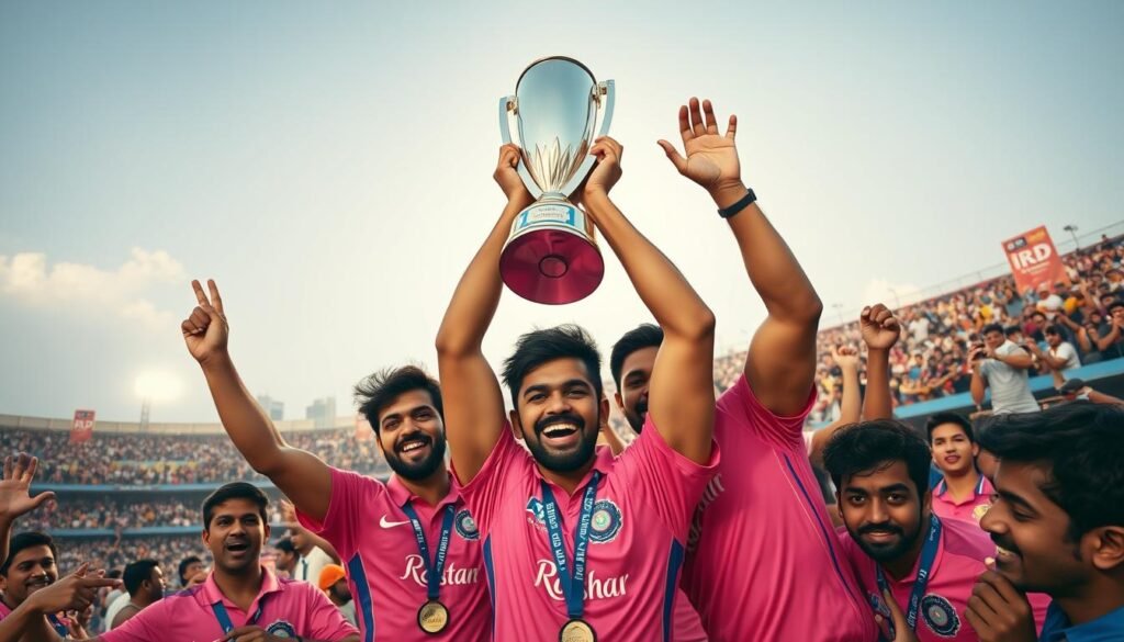 a group of men in pink shirts holding a IPL Champions trophy