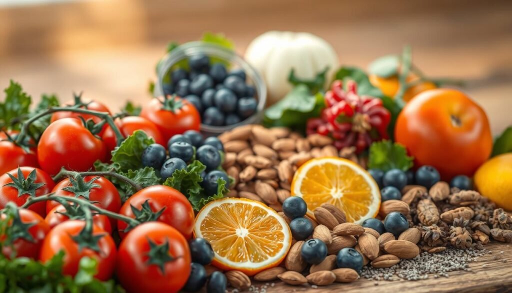 Essential Foods placed in a group of fruits and nuts