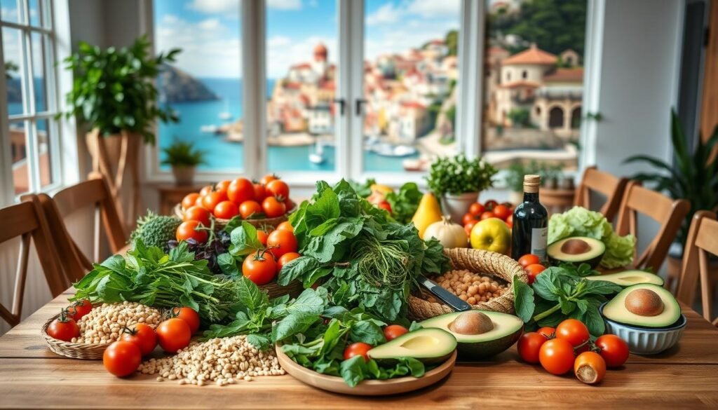 Essential Foods: a table with various vegetables and fruits on it