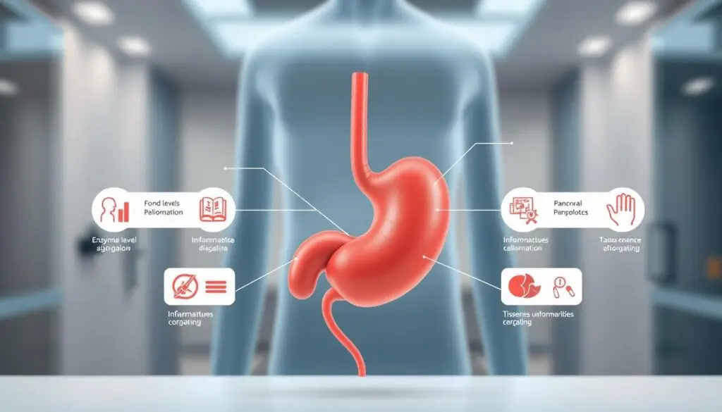 A detailed medical illustration of the human pancreas, highlighting inflammation and common disorder-affected areas.

Alt Text: Medical illustration showing pancreas disorders and affected areas.