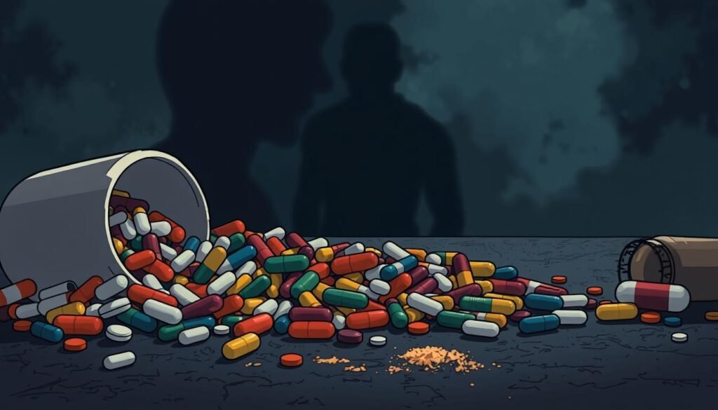 a pile of harmful pills and a cup