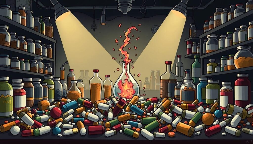 a group of harmful pills and bottles with a flame in the background