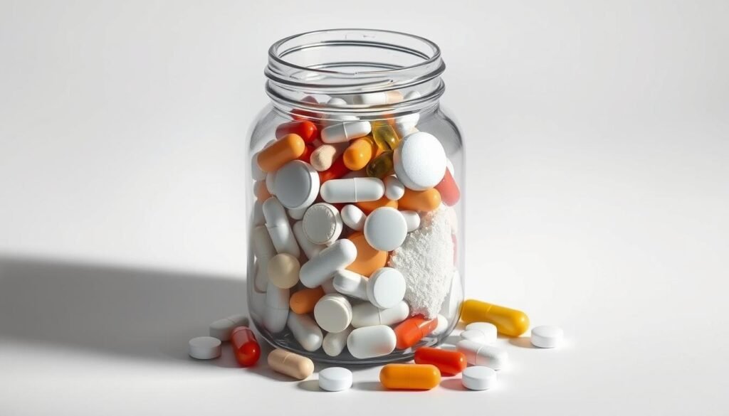 a jar of harmful pills and capsules