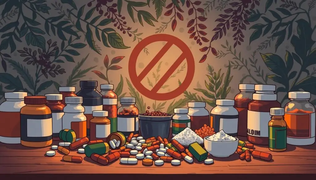 a table with different types of harmful pills and bottles